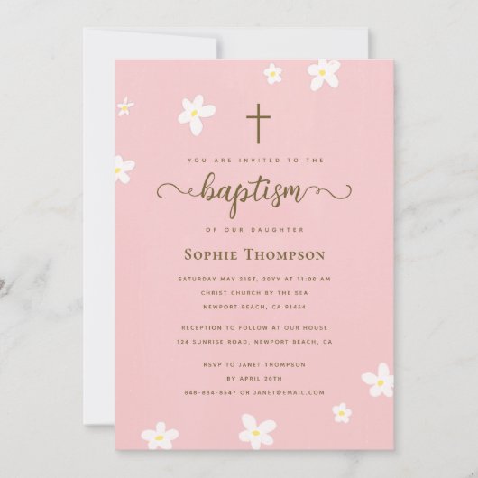 Elegant modern Cross-roze Daisy Religious Baptisme Kaart (Voorkant)