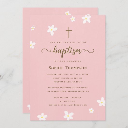Elegant modern Cross-roze Daisy Religious Baptisme Kaart (Voorkant / Achterkant)