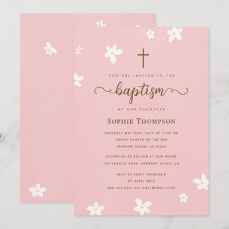 Elegant modern Cross-roze Daisy Religious Baptisme Kaart