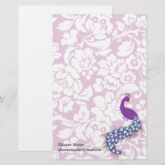 Elegant Modern Damask Paars Peacock op persoonlijk Briefpapier (Voorkant / Achterkant)