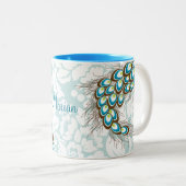 Elegant Modern Damask Peacock op persoonlijke tite Tweekleurige Koffiemok (Voorkant rechts)