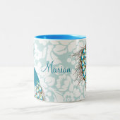 Elegant Modern Damask Peacock op persoonlijke tite Tweekleurige Koffiemok (Center)