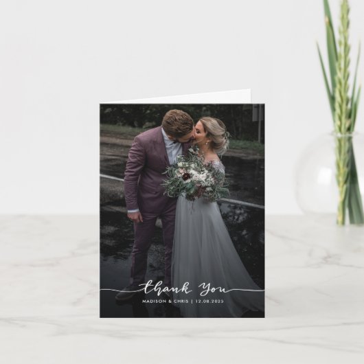 Elegant Modern Dank U Script Huwelijksfoto Bedankkaart (Voorkant)