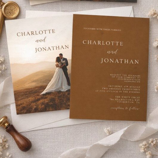 Elegant Modern dark copper brown Photo wedding Kaart