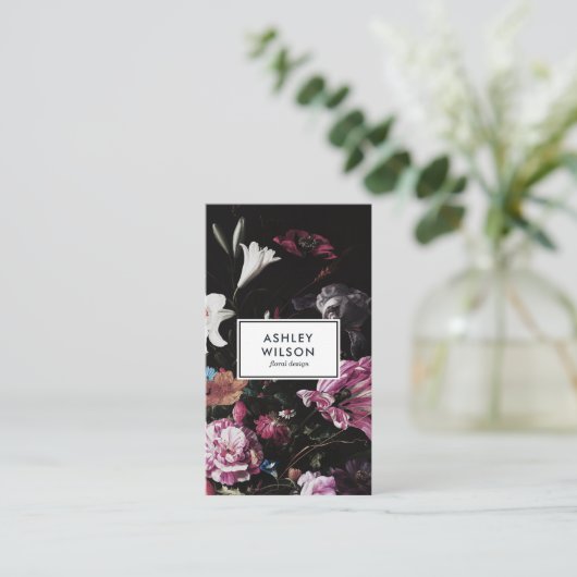 Elegant Modern Dark Floral Bouquet Visitekaartje (Staand voorkant)