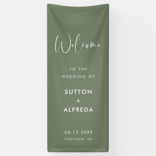 Elegant Modern Dark Sage Welcome to our Wedding Spandoek (Verticaal)