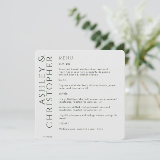 Elegant Modern Donker Mos Groen Bruiloft Menu (Staand voorkant)