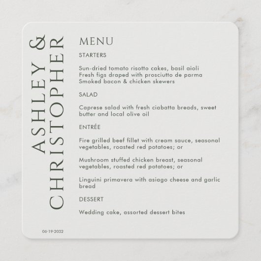 Elegant Modern Donker Mos Groen Bruiloft Menu (Voorkant)