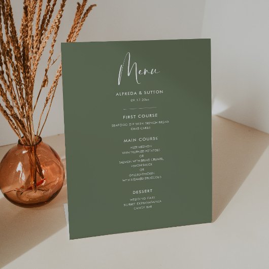 Elegant & modern donker salie groen bruiloft menu reclamebord met voetstuk