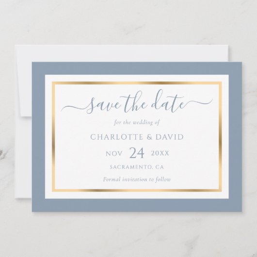 Elegant Modern Dusty Blue and Gold Wedding Save The Date (Voorkant)
