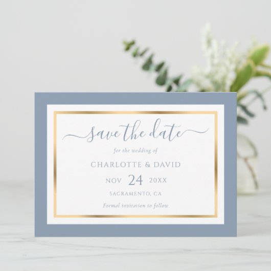 Elegant Modern Dusty Blue and Gold Wedding Save The Date (Staand voorkant)