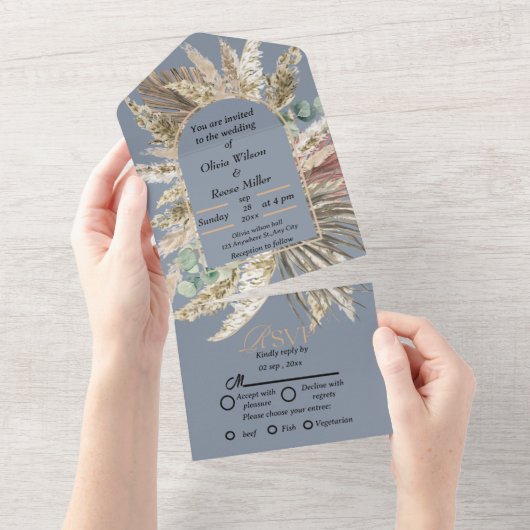 Elegant modern dusty blue boho bruiloft all in one uitnodiging (Afscheurbaar)