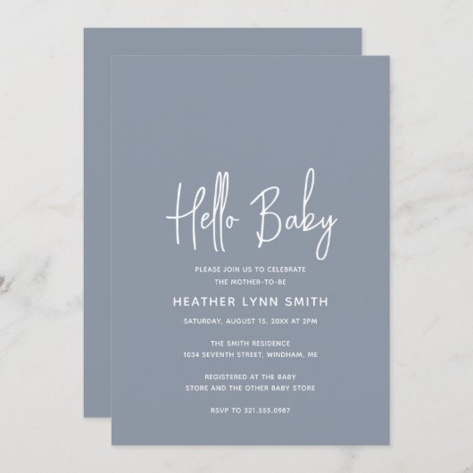 Elegant Modern Dusty Blue Boy Hallo Baby shower Kaart (Voorkant / Achterkant)