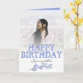 Elegant Modern Dusty Blue Photo Waterverf Kaart (Gele Bloem)