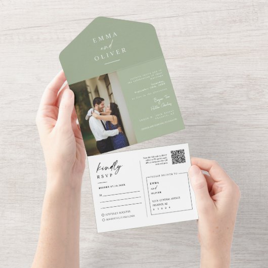 Elegant Modern Dusty Green Boho QR Code Photo RSVP All In One Uitnodiging (Afscheurbaar)