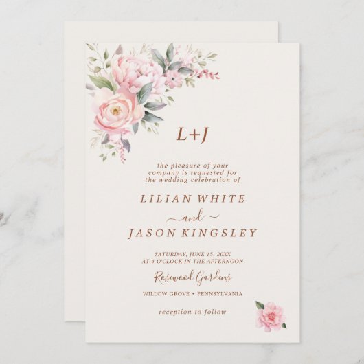 Elegant Modern Dusty Pink Rose Floral All-in-One Kaart (Voorkant / Achterkant)