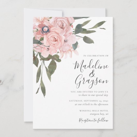 Elegant Modern Dusty Pink Rose Floral Wedding Invi Kaart (Voorkant)