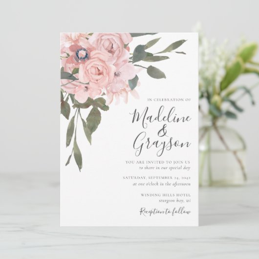 Elegant Modern Dusty Pink Rose Floral Wedding Invi Kaart (Staand voorkant)