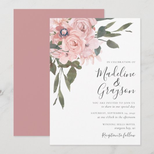 Elegant Modern Dusty Pink Rose Floral Wedding Invi Kaart (Voorkant / Achterkant)