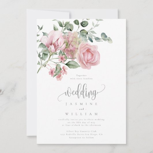 Elegant Modern Dusty Pink Rose Floral Wedding Kaart (Voorkant)