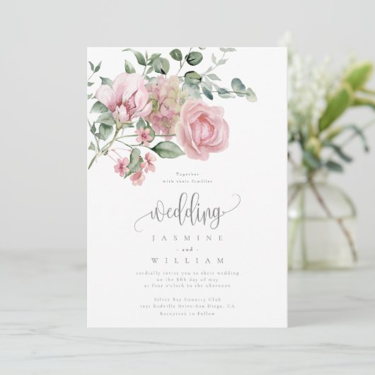 Elegant Modern Dusty Pink Rose Floral Wedding Kaart (Staand voorkant)