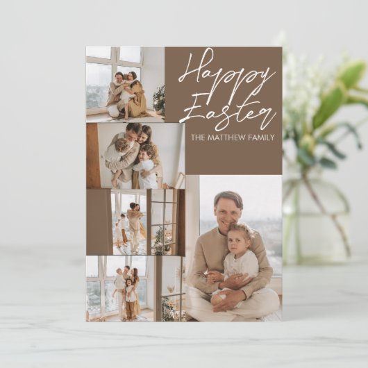 elegant Modern Easter, familie vijf fotocollage Feestdagenkaart (Staand voorkant)