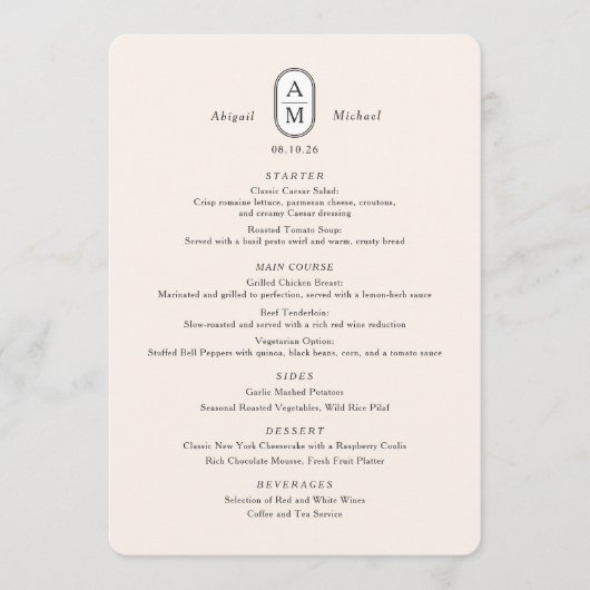Elegant modern eenvoudig beige, boog initialen bru menu (Voorkant)
