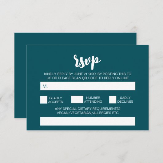 Elegant Modern Eenvoudig Blauwgroen Huwelijk QR Co Informatiekaartje (Voorkant / Achterkant)