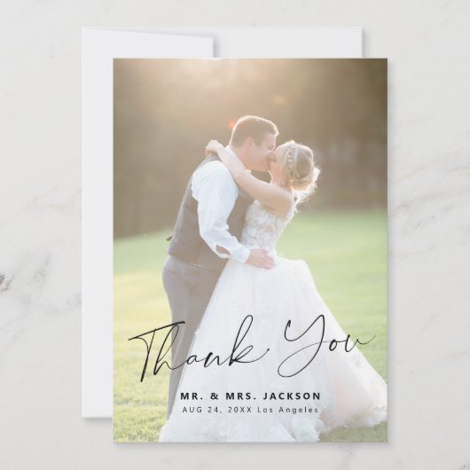 Elegant modern eenvoudig script 2 foto's bruiloft bedankkaart (Voorkant)