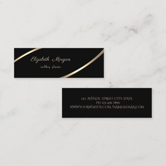 Elegant modern, eenvoudig, zwart, gouden strepen mini visitekaartje (Voorkant / Achterkant)