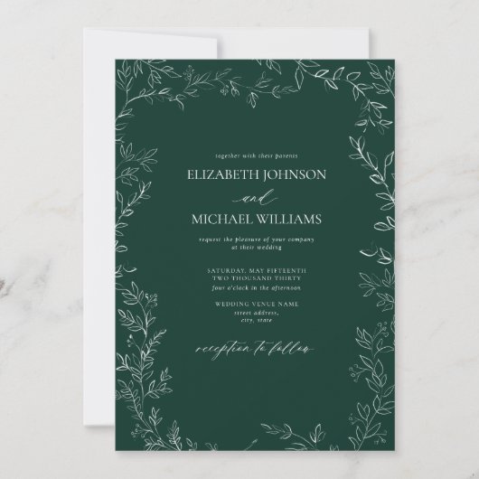 Elegant Modern Emerald Green Minimal Leaf Wedding Kaart (Voorkant)