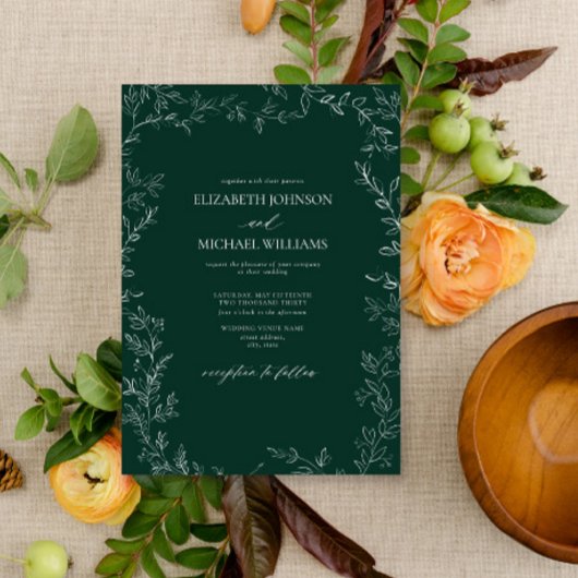 Elegant Modern Emerald Green Minimal Leaf Wedding Kaart