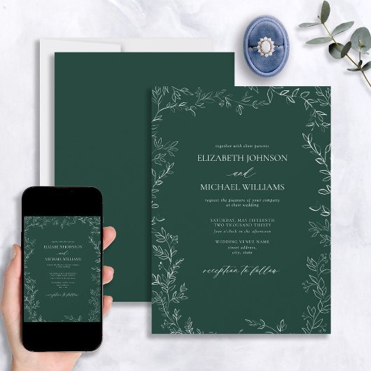 Elegant Modern Emerald Green Minimal Leaf Wedding Kaart
