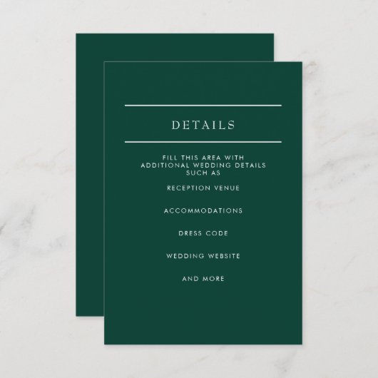 Elegant Modern Emerald Green Wedding Informatiekaartje (Voorkant / Achterkant)