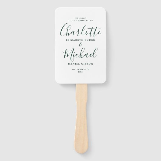 Elegant modern Emerald Script Wedding Programme Handwaaier (Voorkant)
