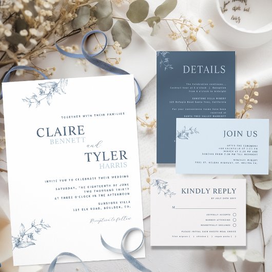 Elegant Modern en Minimal Blue Wedding Invitation Kaart