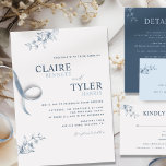 Elegant Modern en Minimal Blue Wedding Invitation Kaart<br><div class="desc">Moderne elegante trouwuitnodiging met hedendaagse typografie en subtiele, handgetekende florale details in blauw. Gemakkelijk om de sjabloon in te vullen. Mogelijkheid om "met ontwerpgereedschap te bewerken" en wijzigingen aan te brengen in tekengrootte, stijl, positie en zelfs kleur. De laatste namen zijn in een stoffige blauwe tint terwijl de rest van...</div>