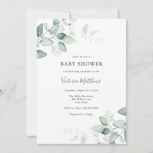 Elegant Modern Eucalyptus Baby shower Invitation Kaart (Voorkant)