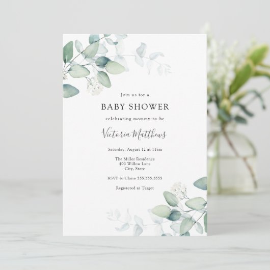 Elegant Modern Eucalyptus Baby shower Invitation Kaart (Staand voorkant)