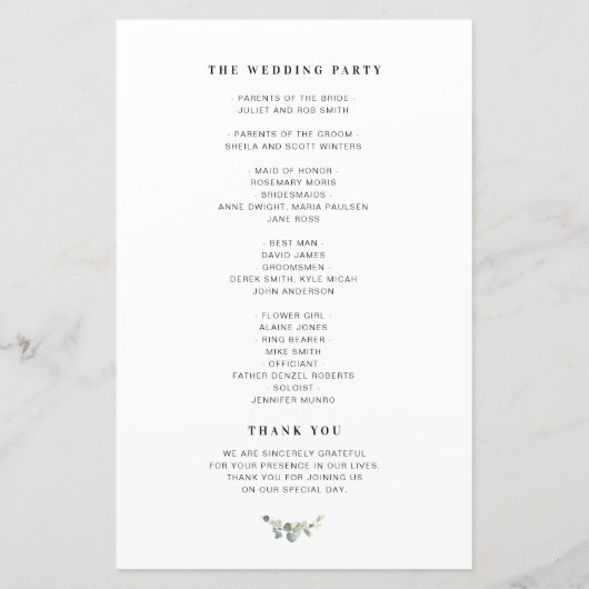 elegant modern Eucalyptus greenery bruiloft-progra (Achterkant)