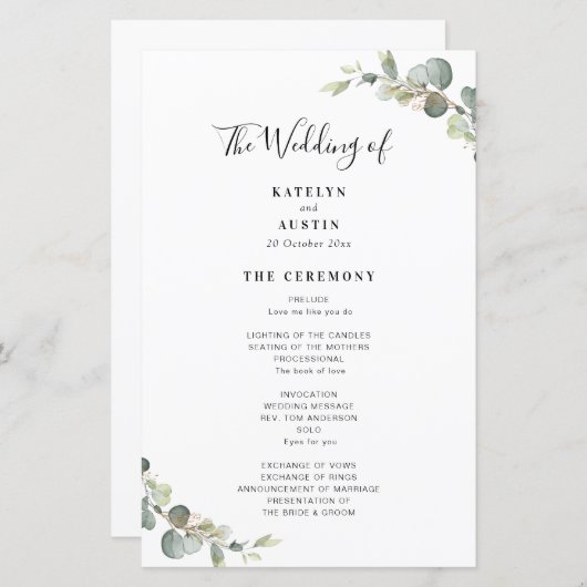 elegant modern Eucalyptus greenery bruiloft-progra (Voorkant / Achterkant)