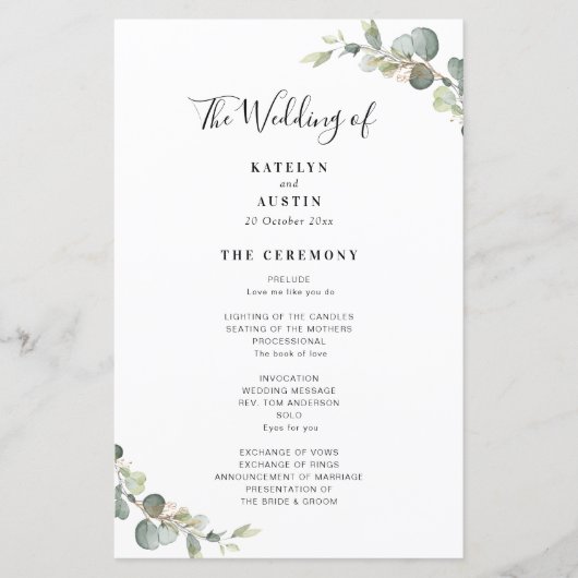 elegant modern Eucalyptus greenery bruiloft-progra (Voorkant)