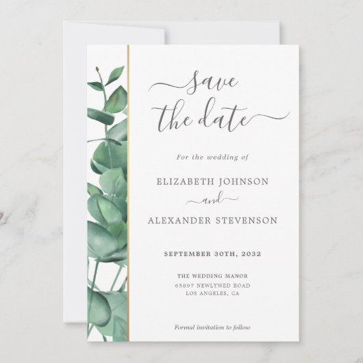 Elegant modern eucalyptus greenery simpele bruilof save the date (Voorkant)