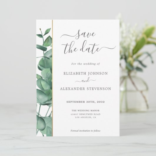 Elegant modern eucalyptus greenery simpele bruilof save the date (Staand voorkant)