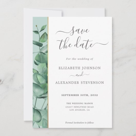 Elegant modern eucalyptus greenery simpele bruilof save the date (Voorkant)