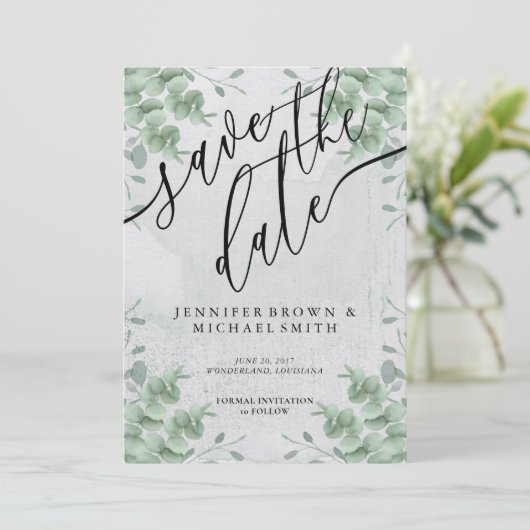 Elegant Modern Eucalyptus Greenery Tropic Save The Date (Staand voorkant)