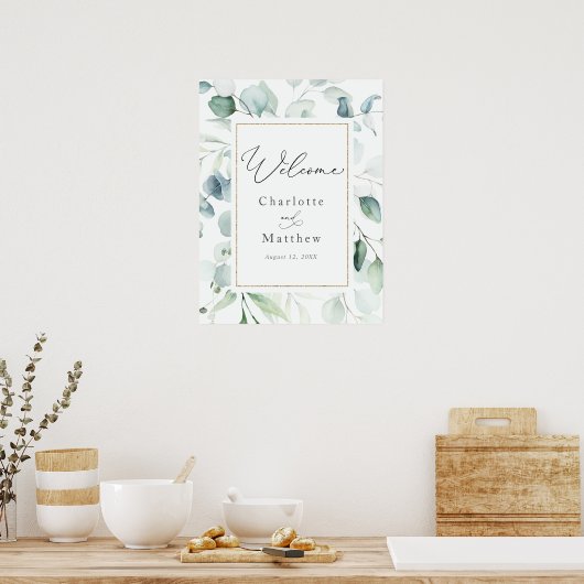 Elegant Modern Eucalyptus Greenery Wedding Welkom Poster (Keuken)
