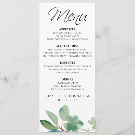 Elegant Modern Eucalyptus Groen Bruiloft Menu (Voorkant)