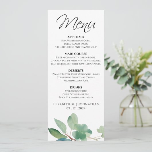 Elegant Modern Eucalyptus Groen Bruiloft Menu (Staand voorkant)