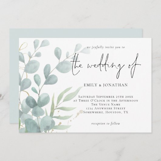 Elegant Modern Eucalyptus Poeder Blauw Bruiloft In Kaart (Voorkant / Achterkant)